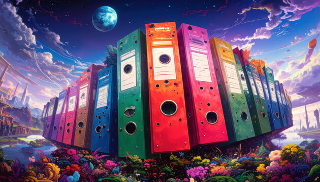 A vibrant row of colorful binders stands tall amidst a surreal floral landscape under a moonlit sky, representing imaginative organization and boundless possibilities.
