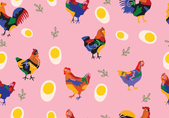 Obraz premium Seamless pattern with various rustic farm chickens, hens, leaves, and floral elements in vintage hand drawn style vector illustration background. Ideal for textile, fabric, wallpaper, fashion, nursery
