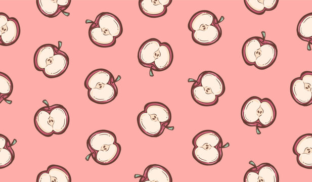 Apple doodle background. Apple slices doodle pattern. Fresh fruit seamless pattern. Healthy food hand drawn pattern. Apples fruit doodle pattern.	