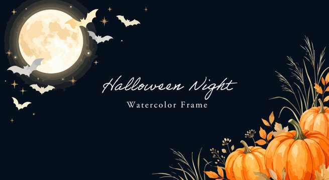 夜のハロウィンのデザイン水彩風フレーム,満月・月・コウモリ・こうもり・カボチャ・パンプキン・星・ススキ・落ち葉・夜空・ハロウィンナイト・フレーム・枠・背景・ダークファンタジー・シック・デザイン素材,販促素材,ベクター