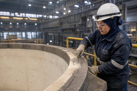 Industrial kiln refractory repair - a technician finishing a cold steel ladle lining patch