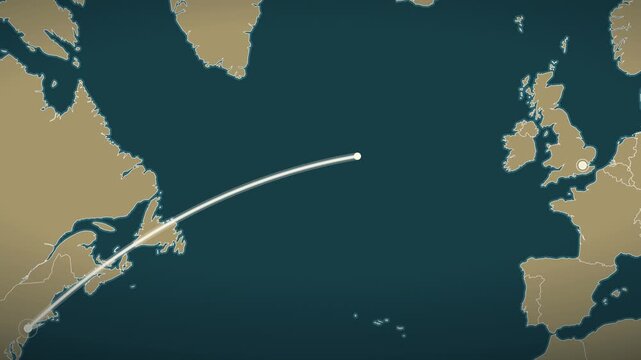 Flight path animation from New York to London on a dark world map