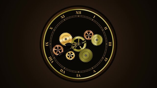 Extreme time-lapse of a vintage skeleton clock passing 24 hours in exactly 10 seconds. Features exposed, interlocking brass and gold gears spinning in perfect mathematical synchronization, with classi