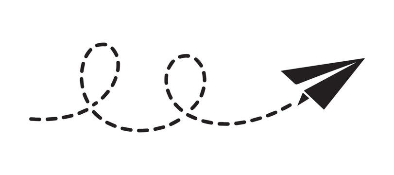 Paper plane flight path icon with dotted trajectory line for creative travel concept graphic.
