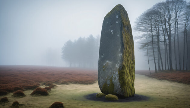 Minimalist lonely stone monolith standing in a misty mystical field landscape