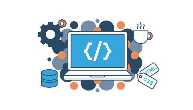 Modern laptop computer displaying programming code surrounded by development icons and tech elements.