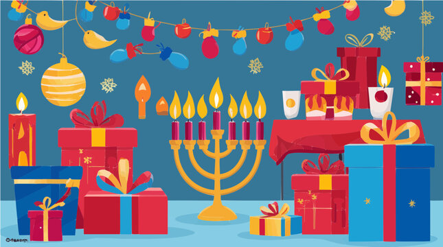 Hanukkah celebration with menorah and gifts vektor illustration