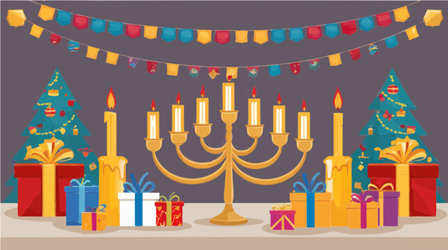 Hanukkah vektor illustration of a golden menorah with festive gifts
