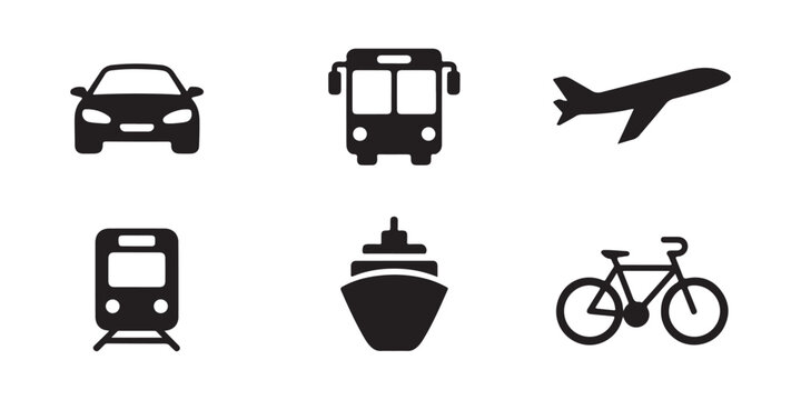 Set of black transport silhouette icons for travel planning and urban mobility web design projects.