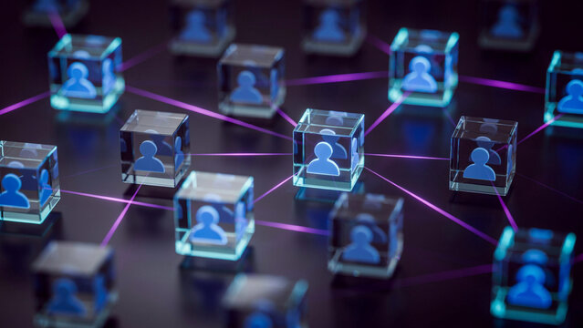 Digital Network of Glass Cubes with Connected Glowing User Profile Icons