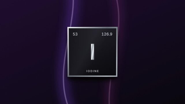 Iodine element periodic table silver plaque on a purple background