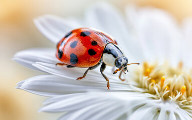 Fototapeta premium Photorealistic macro photo of a ladybug sitting on a white daisy petal, vibrant red shell with black spots, sharp detail, soft natural blurred background, editorial blog photography