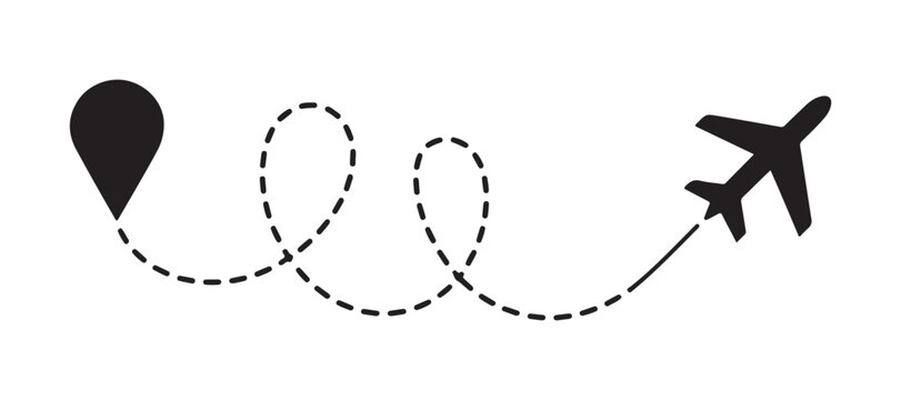 Airplane on a dashed winding path from map pin indicating flight direction.