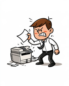 Frustration with Printer: A cartoon businessman angrily confronts a malfunctioning office printer, papers scattered around, illustrating workplace frustration.