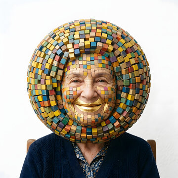 Colorful Mosaic Headpiece Worn by Elderly Woman