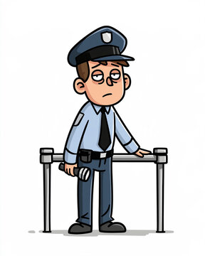 Bored Security Guard: A cartoon illustration depicts a tired-looking security guard in uniform, leaning against a barrier with a bored expression, holding a flashlight, ready to start the duty.