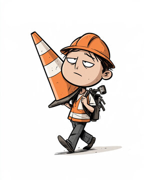 Tired Worker with Traffic Cone: A cartoon worker in an orange safety vest and hard hat trudges along, carrying a traffic cone with a look of exhaustion.