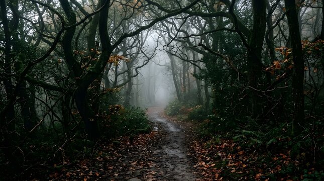 Misty forest path with bare tree branches