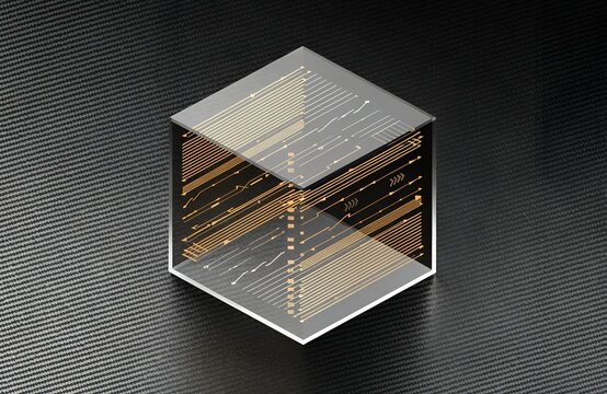 Abstract 3D isometric rendering of secure decentralized crypto asset vault interface