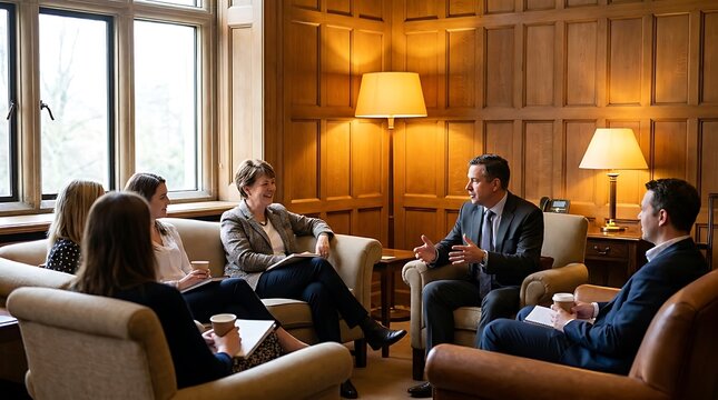Professional business people having a collaborative corporate meeting in warm office interior with wooden wall paneling