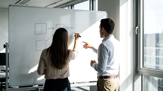 Business colleagues collaborating together in bright modern office space discussing strategic project planning on large whiteboards