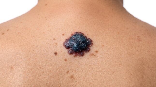 Close up of irregular dark malignant melanoma mole on human back skin for cancer diagnosis