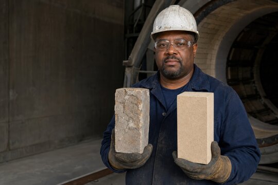 Industrial kiln refractory repair - a technician comparing spalled and replacement firebrick