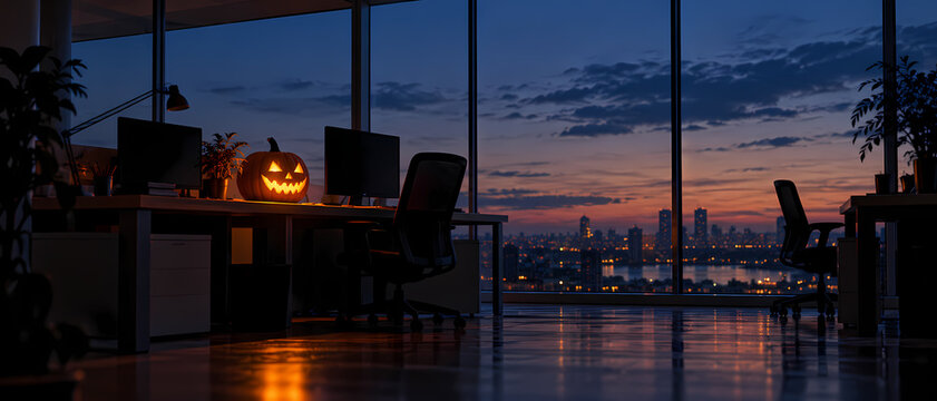 A glowing carved pumpkin sits on a desk in a quiet office at dusk, while floor to ceiling windows reveal an orange and blue city skyline, casting reflections across the dark floor in a seasonal scene