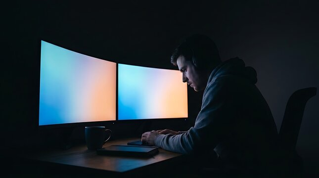 Focused young man working late at night in a dark room illuminated by dual computer monitors