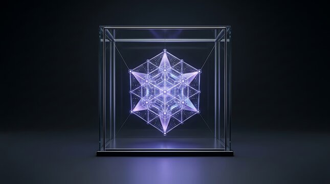 Futuristic glowing crystal polyhedron core inside a transparent glass cube showcase on a dark background