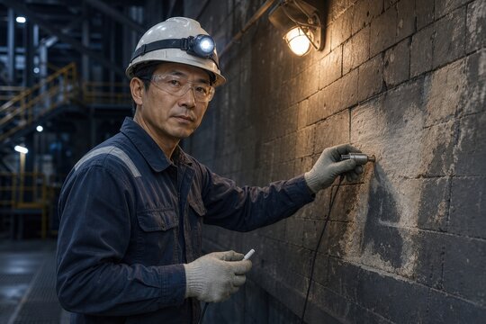 Industrial kiln refractory repair - an engineer mapping wear on a furnace wall