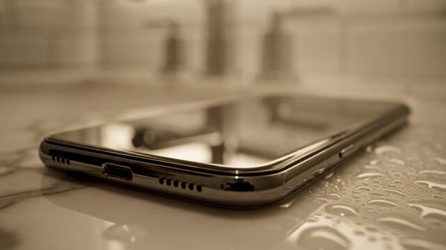Smartphone lies on wet bathroom countertop beneath flowing faucet. Mobile phone stays dangerously close to splashing water, evoking worry about damage, carelessness, and everyday household risk.