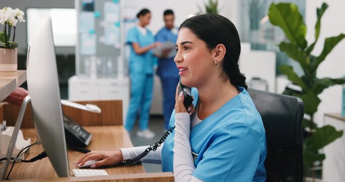 Hospital, computer and nurse on telephone call for appointment, schedule or medical referral. Clinic, receptionist and happy woman talking to doctor with tech, admin checklist or healthcare booking