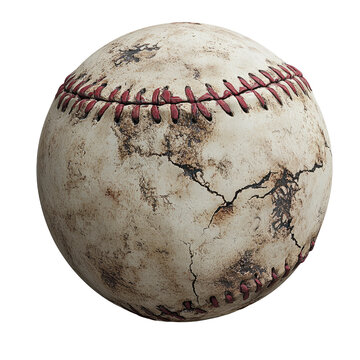 The image depicts a baseball that appears heavily weathered and damaged, resembling a cracked and aged object
