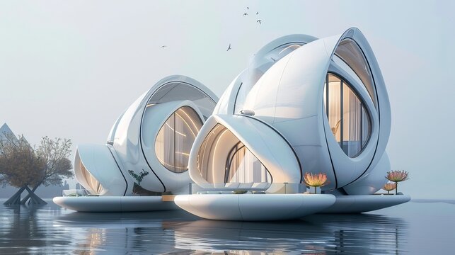 Futuristic floating homes with unique architectural designs set upon tranquil water surface