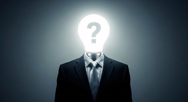 Creative stock photo of a person in a suit with a glowing light bulb head featuring a question mark symbol representing ideas curiosity and innovation in professional business context