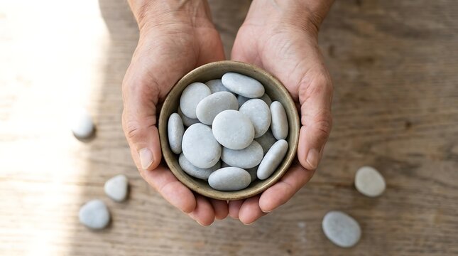 Senior adult hands holding ceramic bowl filled with smooth white meditation stones resting upon wooden table