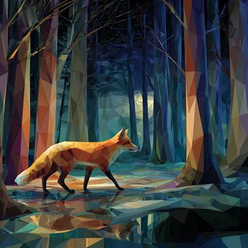 Geometric fox traversing nocturnal forest with reflection in a triangular-shaped watery surface