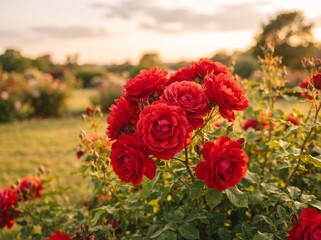 Obraz premium Cluster of vibrant red roses blooming on a garden bush bathed in warm golden sunset light