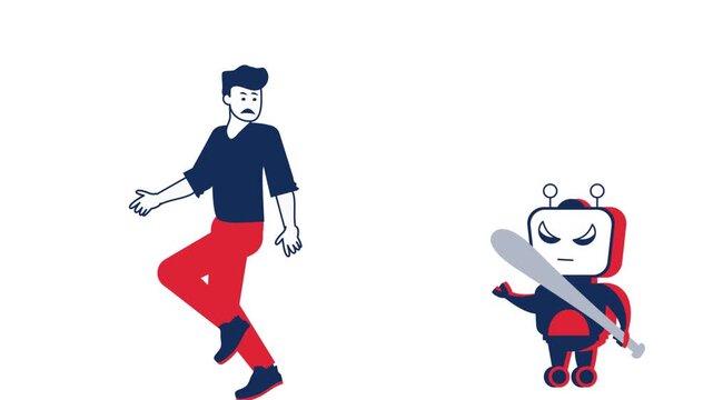 confused person running from ai transformation animation, running without direction animated video, worried person running while extending both arms in opposite directions motion graphics