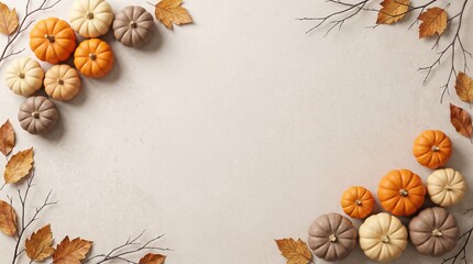 Obraz premium A beautiful autumnal border featuring a collection of small pumpkins and assorted delicate foliage against a soft neutral beige backdrop