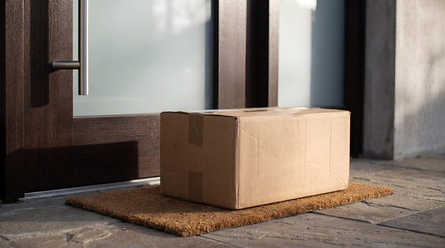 Delivery package left on doormat outside modern front door, e-commerce shipping and doorstep delivery concept