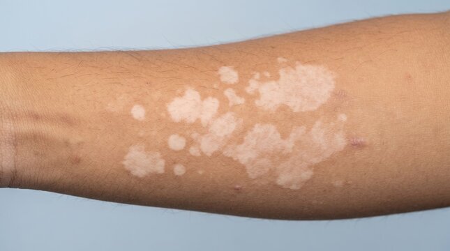 Close-up of human arm skin with vitiligo pigmentation loss medical condition