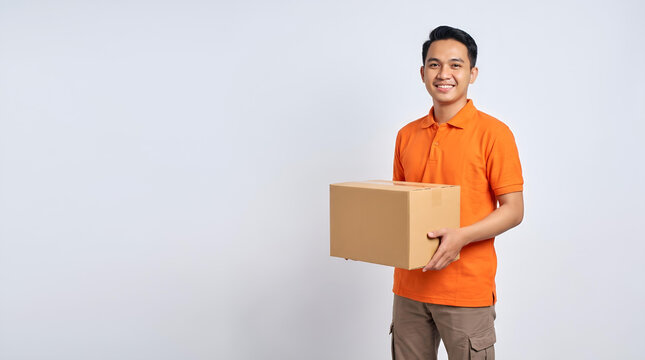 Smiling delivery man holding a cardboard box, ready for package delivery service, e-commerce shipment, with copy space