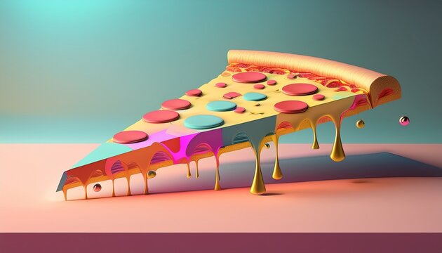 abstract geometric pizza slice rendered in soft pastel gradients floating on a diffused light plane artful pizza low angle