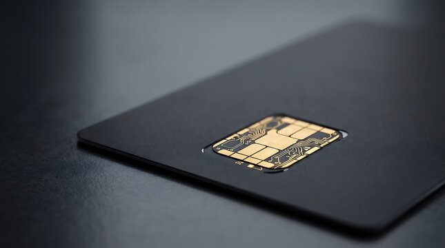 Macro shot of premium black credit card with gold EMV chip on dark background