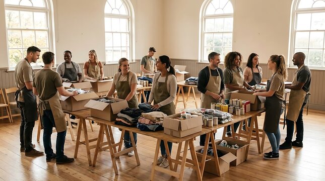 Diverse group of smiling volunteers wearing aprons while sorting donations and packaging goods inside community center hall