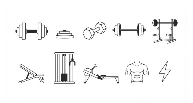 Modern Fitness Center Icons, Dumbbells Weightlifting Strength Training Vector Collection