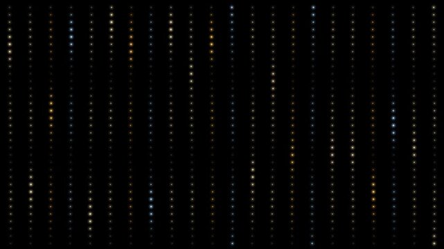 Curtain of cascading fairy lights with chasing twinkle patterns on black background, warm white holiday light overlay