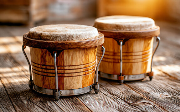 an acoustic drum bongo pair on a wooden floor, natural wood grain texture, warm sunlight, rustic interior background